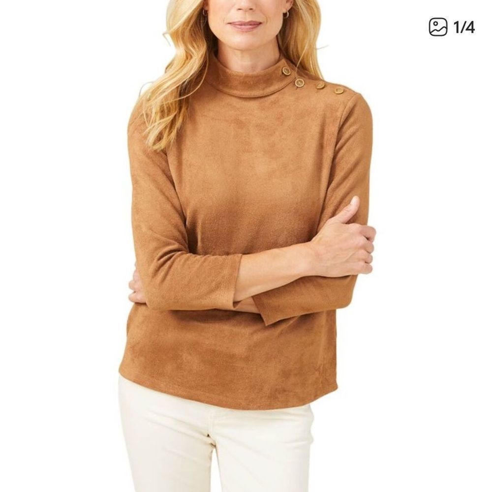 J McLaughlin Cambrie Top Faux Suede Gold Button Tan